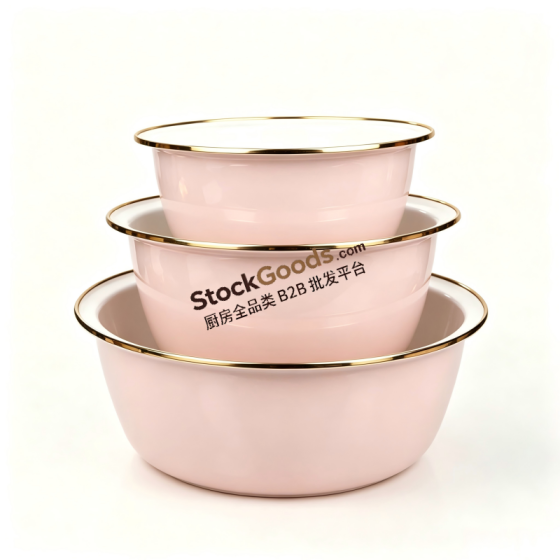 Enamel Bowl Set of 3 with Golden Rim, 24cm 28cm 32cm, 15 Colors Available
